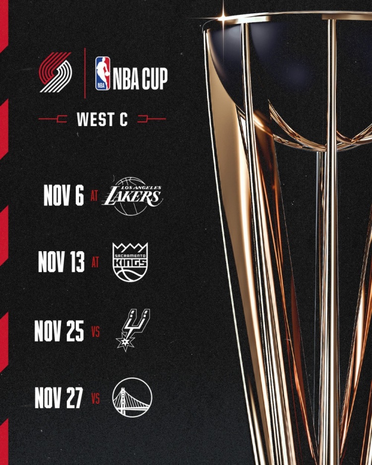 开拓者NBA杯赛程公布 四场小组赛两客两主