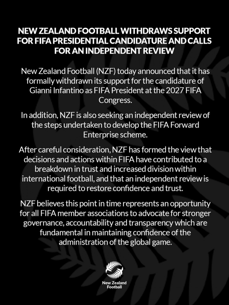 新西兰足协倒戈 撤回因凡蒂诺竞选FIFA主席支持