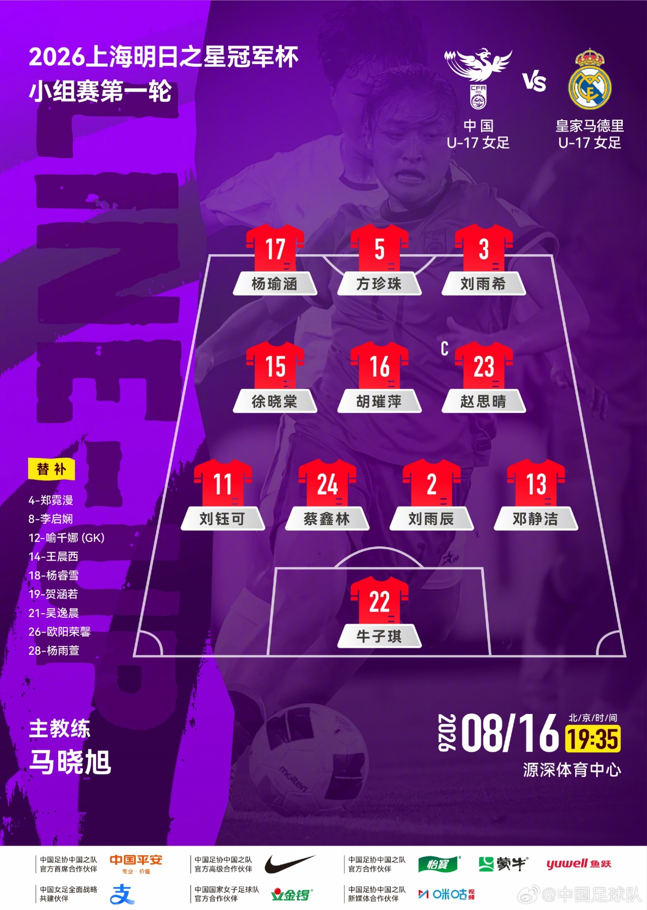 上海明日之星冠军杯揭幕 中国U-17女足对阵皇马U-17女足首发出炉