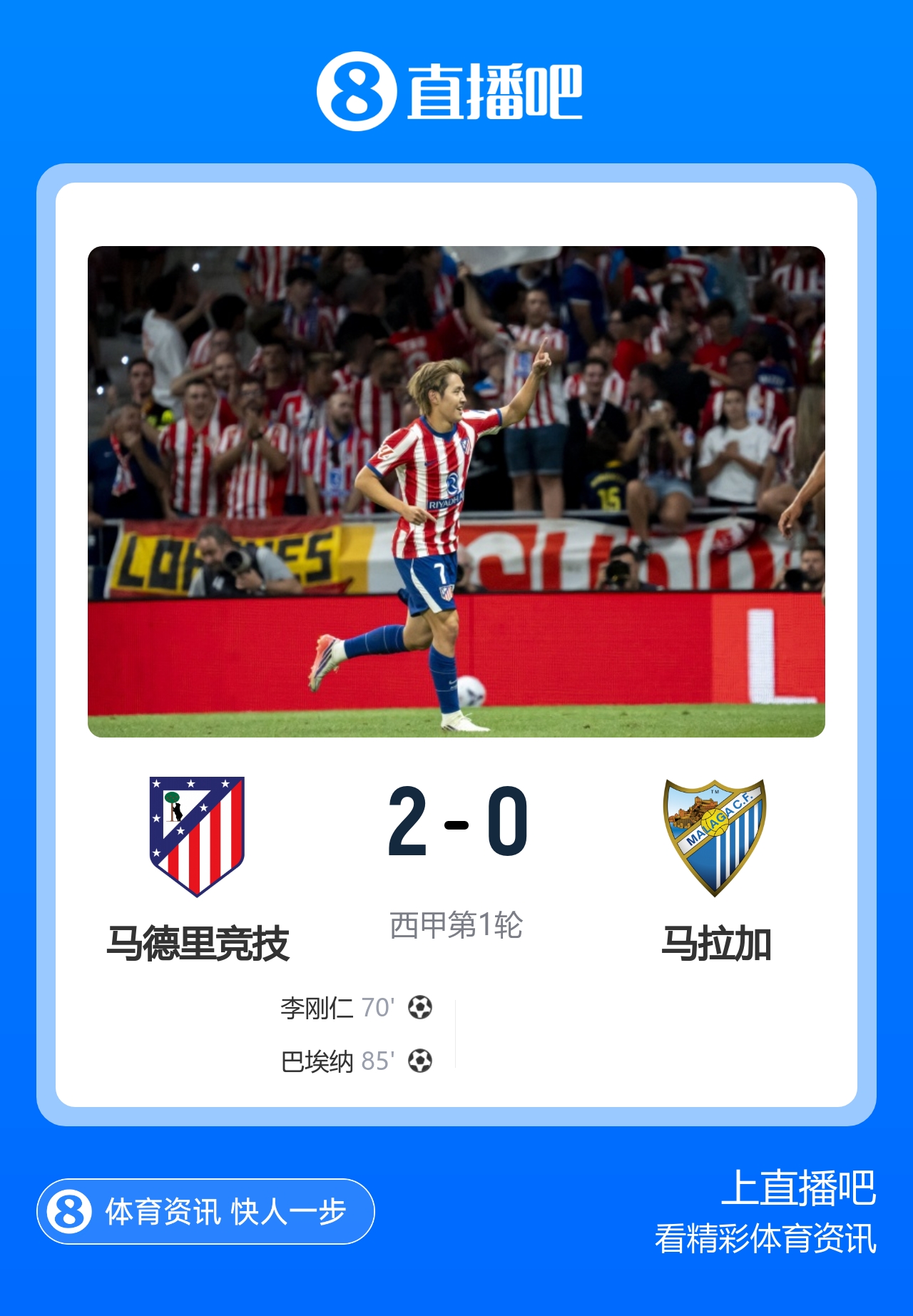 巴萨2-1捧甘伯杯，马竞开门红李刚仁首秀世界波
