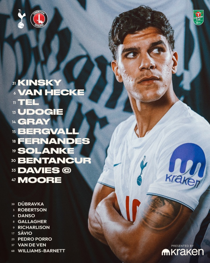 联赛杯-热刺vs查尔顿首发：M费、特尔先发，萨维尼奥替补