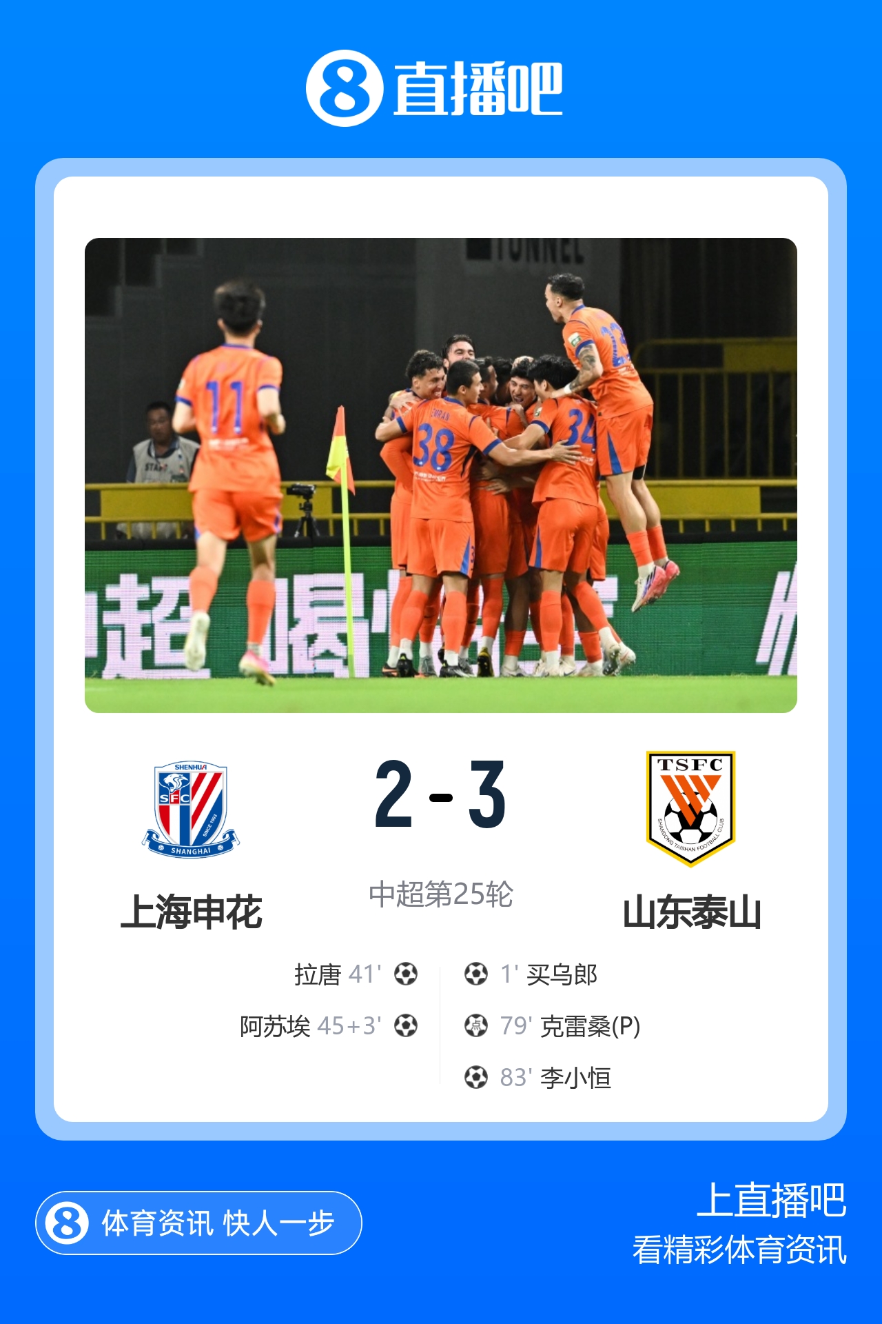 赛季双杀!泰山3-2申花 李小恒制胜买乌郎9秒闪击高天意两助+送点 赛季双杀!泰山3-2申花 李小恒制胜买乌郎9秒闪击高天意两助+送点